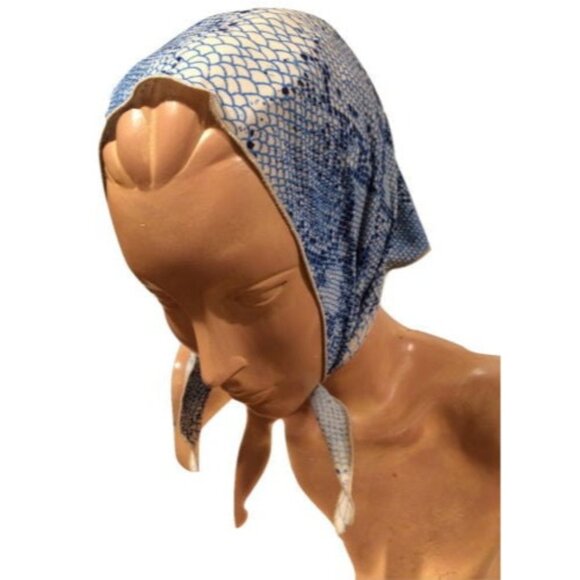 Vintage Snake Skin Print Head Scarf Blues & Off-White Triangular Design - Picture 1 of 5